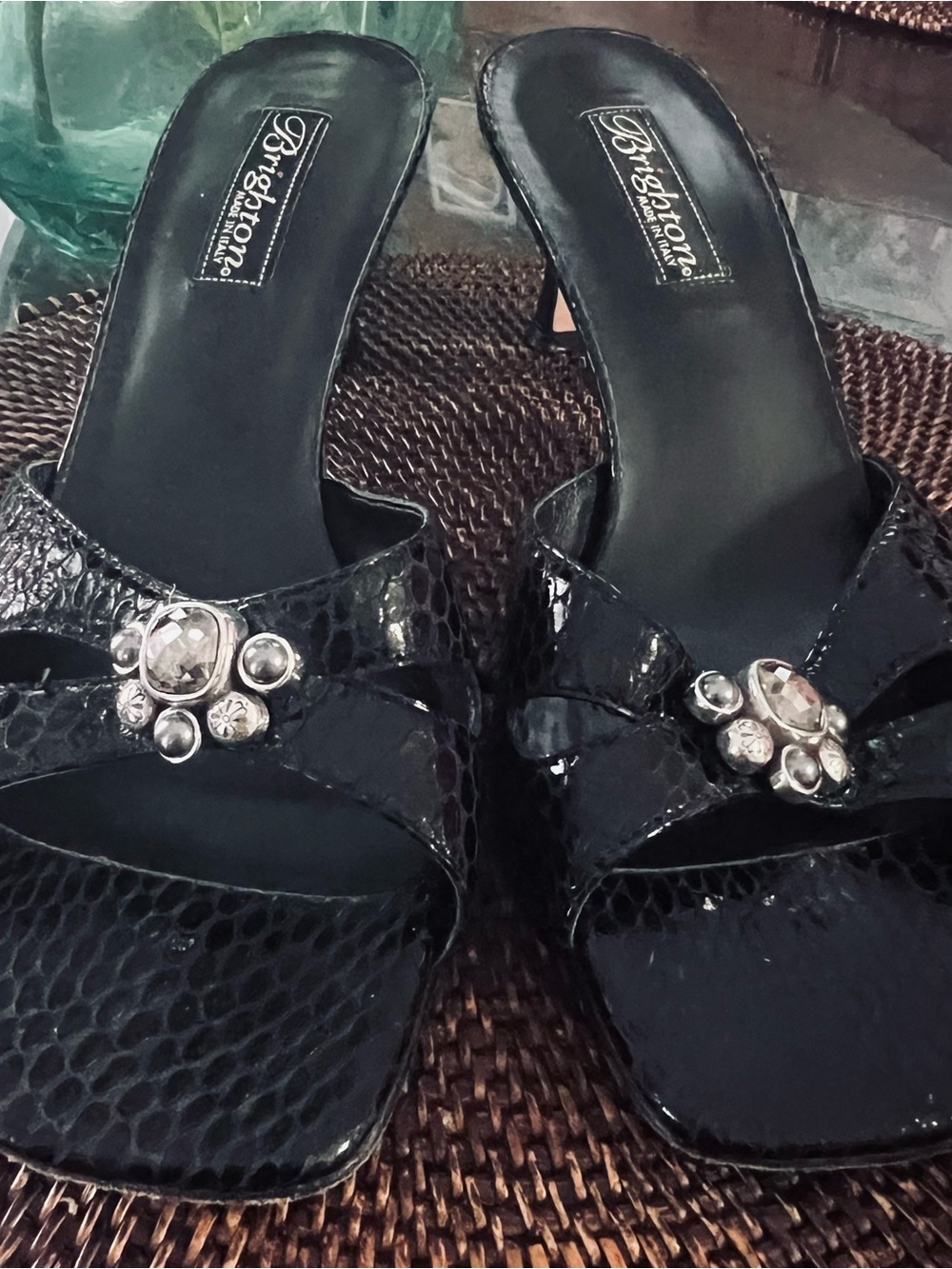 Brighton Black Jeweled Open-Toe Mule Heels